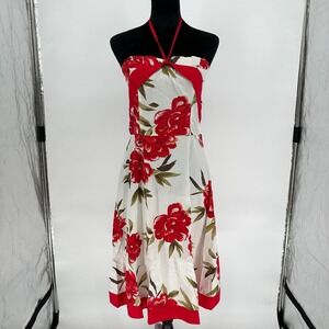Trixxi Strapless Red Flower White Dress Cotton Fit & Flare Smocked Back Sz Small